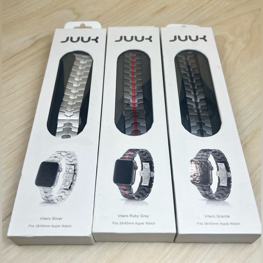 Three JUUK Vitero Aluminum 38mm 40mm Apple Watch Bands Set Silver Granite Ruby